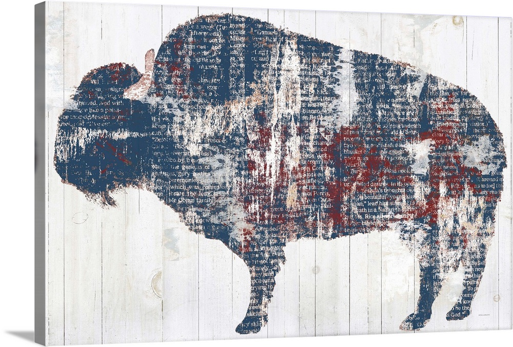 Decorative artwork of the silhouette of a buffalo filled with distressed book pages over vertical shiplap.