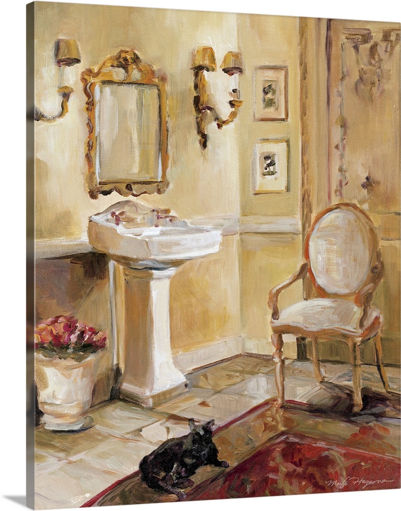Docor perfect for the home of a painted French bathroom with an antique vanity mirror above the sink along with a single c...