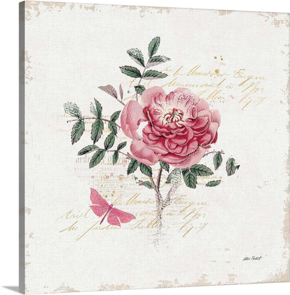Square collage with a pink rose and butterfly on a white textured background with gold handwritten text.