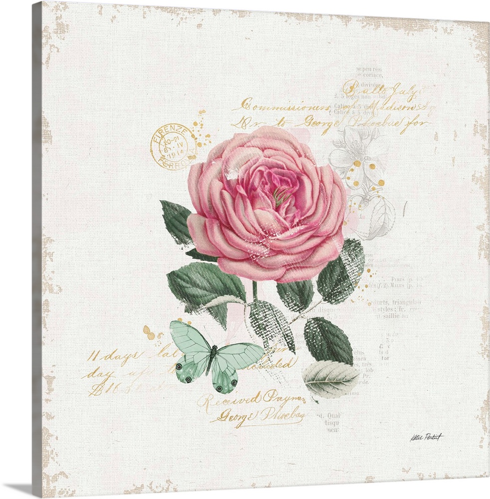 Square collage with a pink rose and green butterfly on a white textured background with gold handwritten text.
