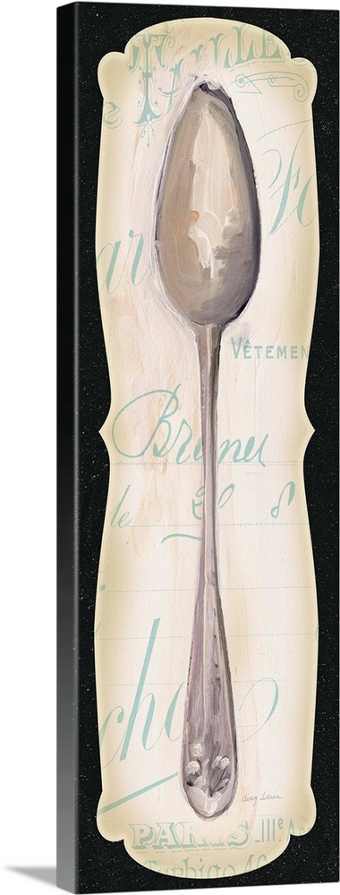 Contemporary artwork of a silver spoon on a decorative text background, with a black border.