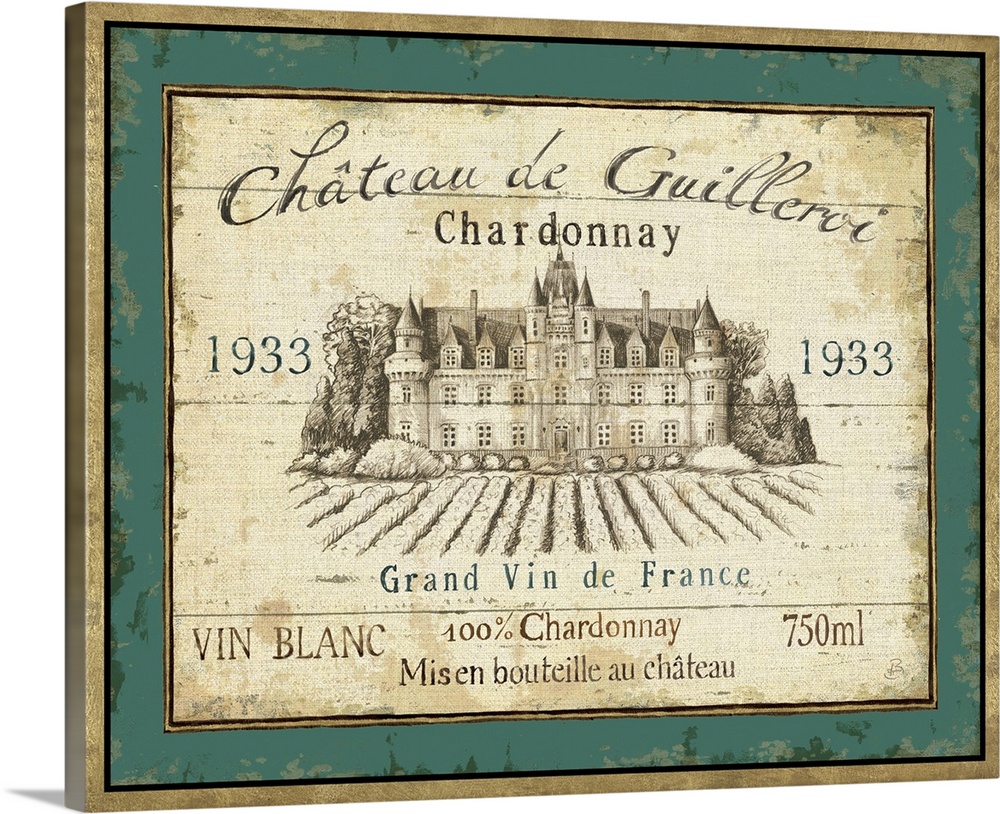 Landscape home art docor on a big wall hanging of a vintage, French wine label for Chateau de Guilleroi Chardonnay. The la...