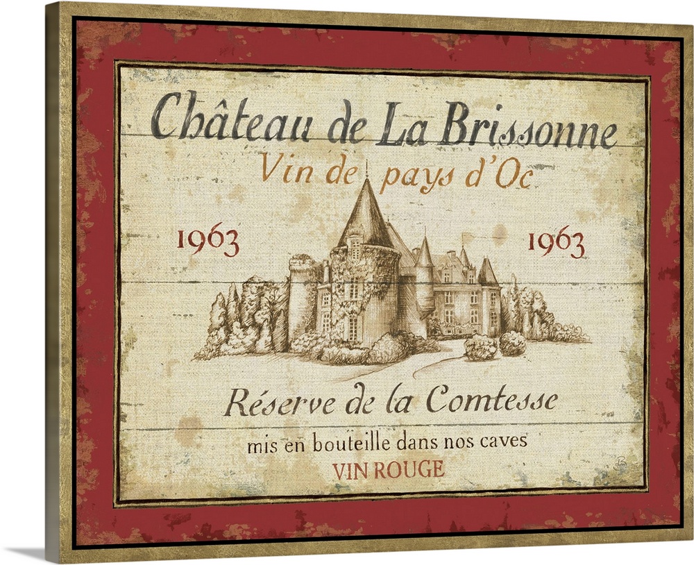 Big canvas of a Chateau de la Brissonne brand French wine label featuring a castle and the year 1963 in script.