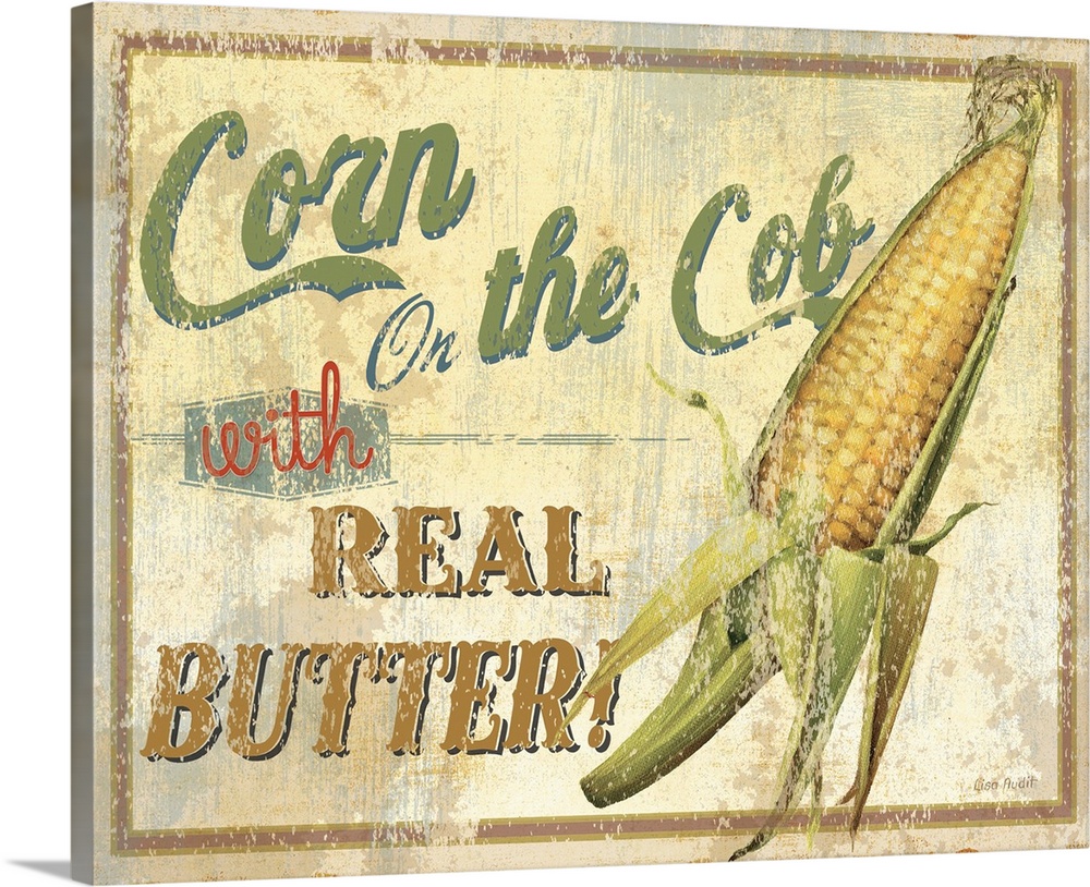 Contemporary artwork of a vintage looking sign with corn to the right of the image and text to the left.