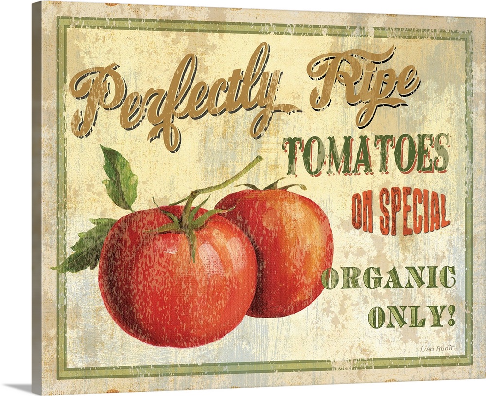 Contemporary artwork of a vintage looking sign with tomatoes to the left of the image and text to the right.