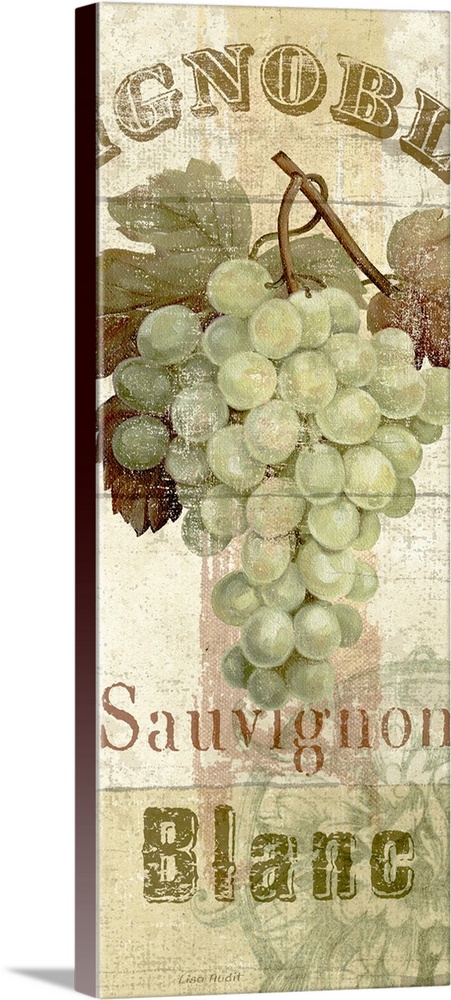 Vertical panoramic mixed media artwork of grape bunch with text above and below it.