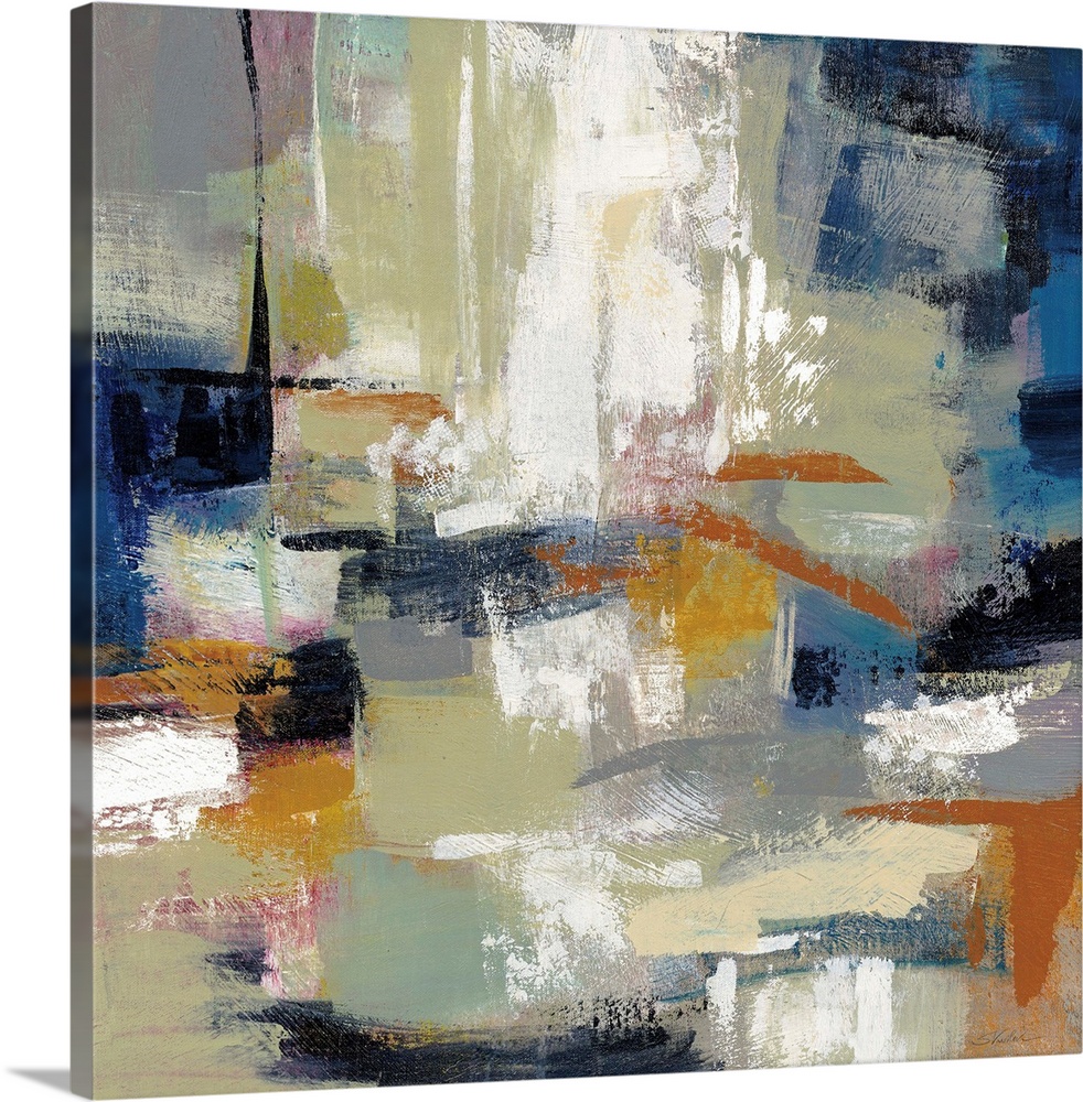 Square abstract painting with bold colors and brushstrokes.