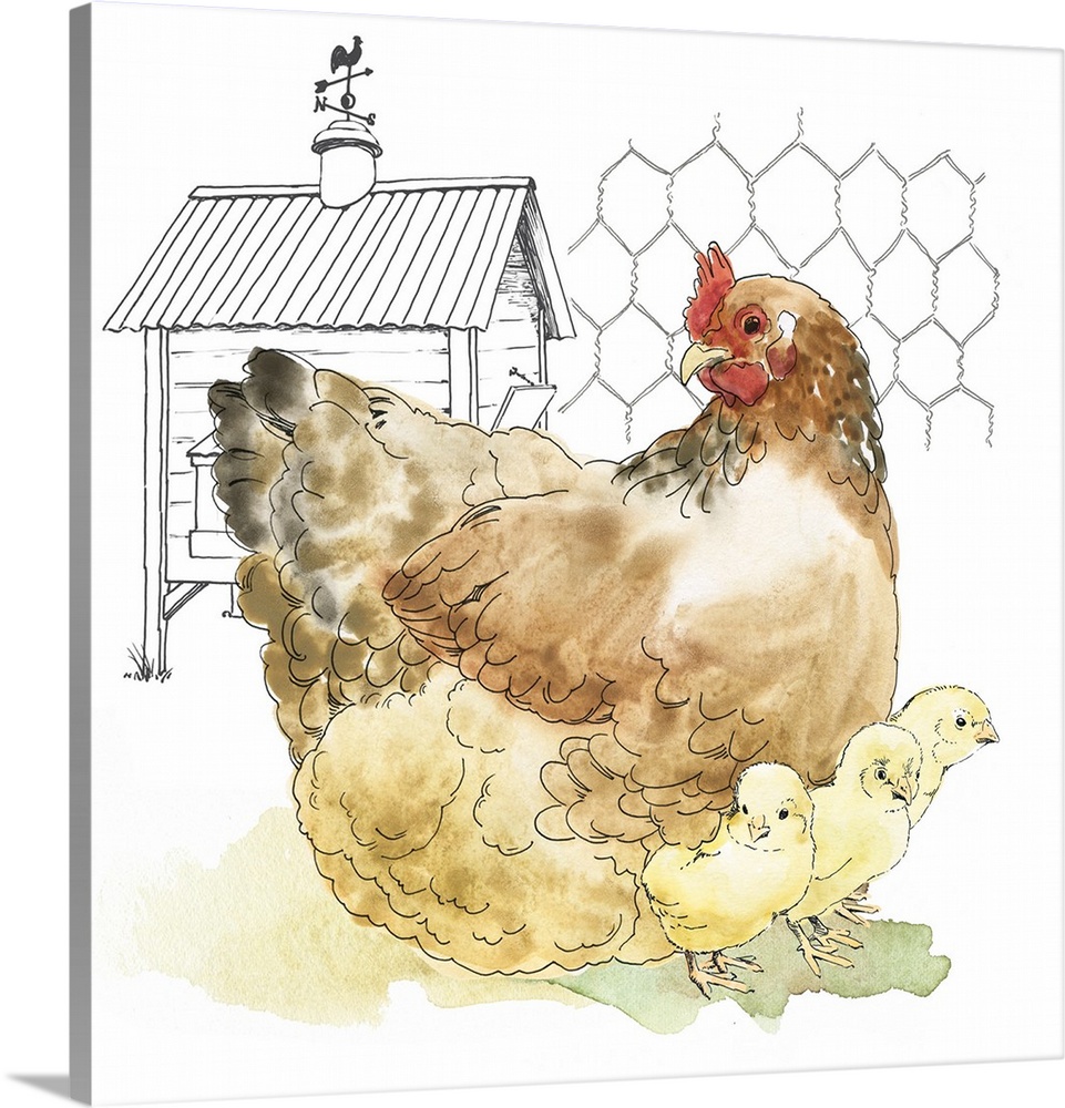 Contemporary folk art themed artwork of a chicken against an illustrative background.