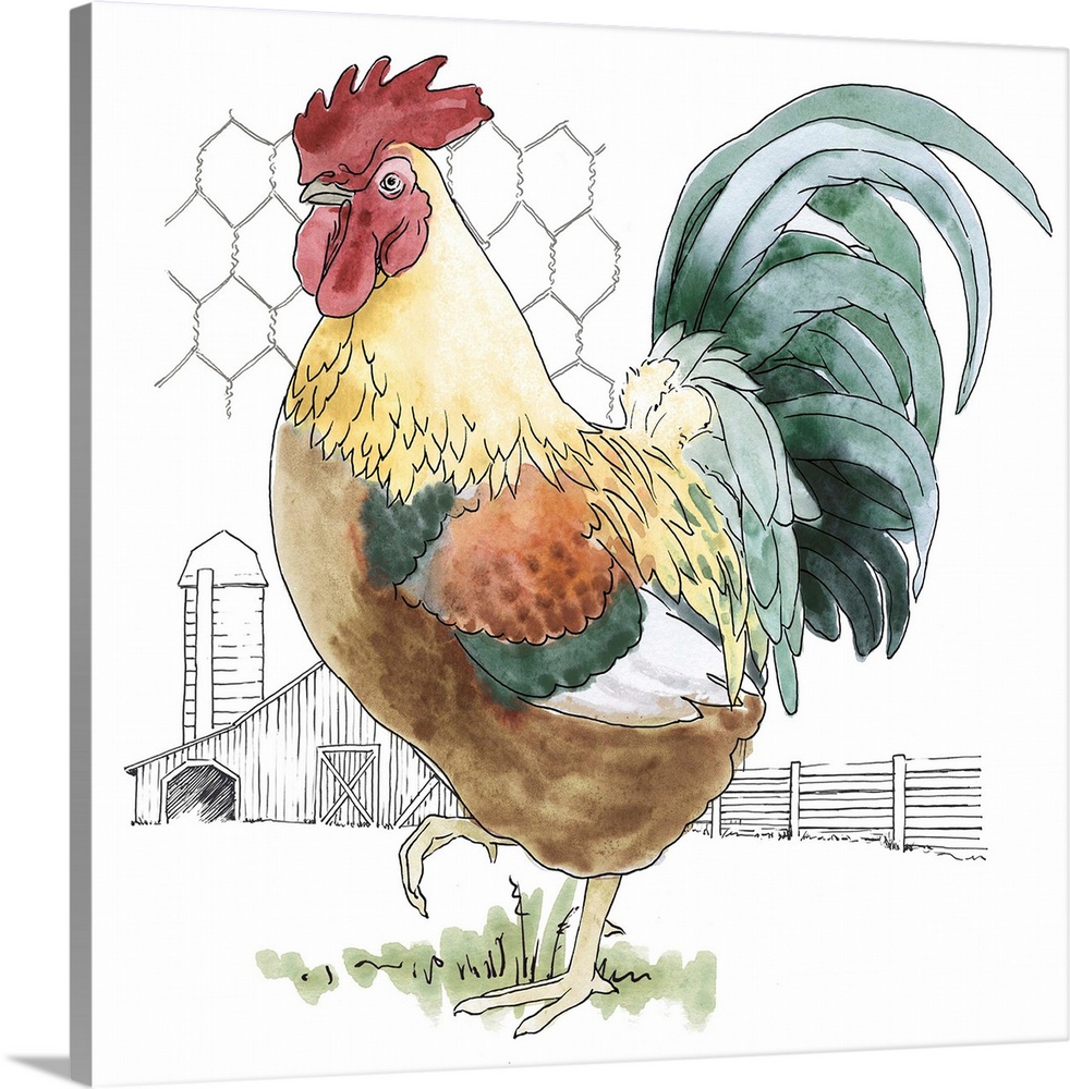 Contemporary folk art themed artwork of a chicken against an illustrative background.