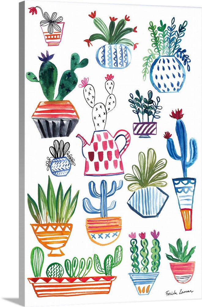 Mismatch cactus plants in bright colors adorn this decorative artwork.