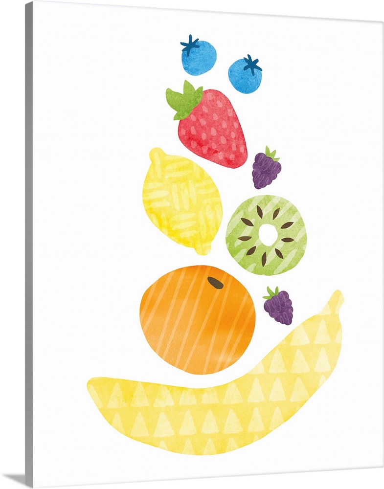Watercolor painting of fruit stacked on top of each other, each with their own patterned design.