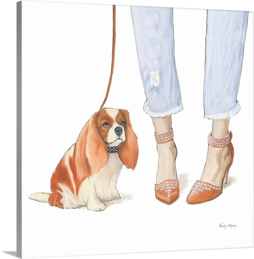 Decorative illustration of a cavalier king charles spaniel and brown high heels with studs.