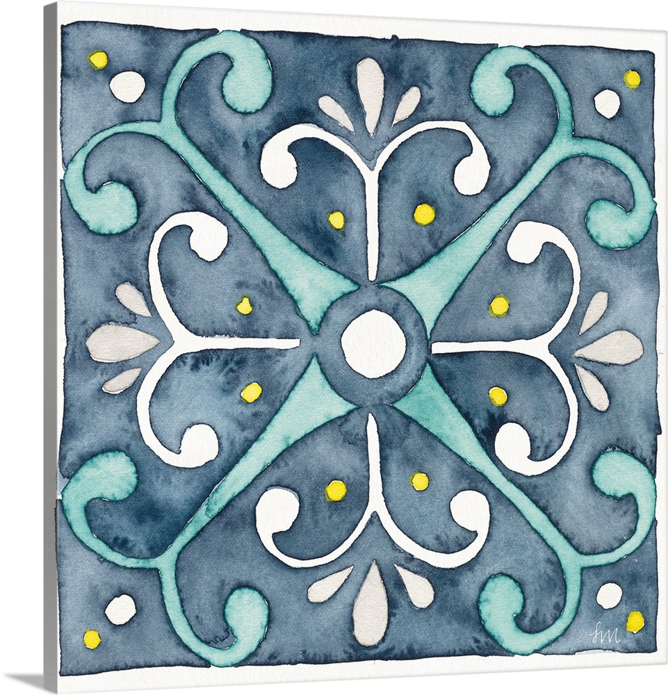 A square watercolor floral design in the style of tile in varies shades of blue.