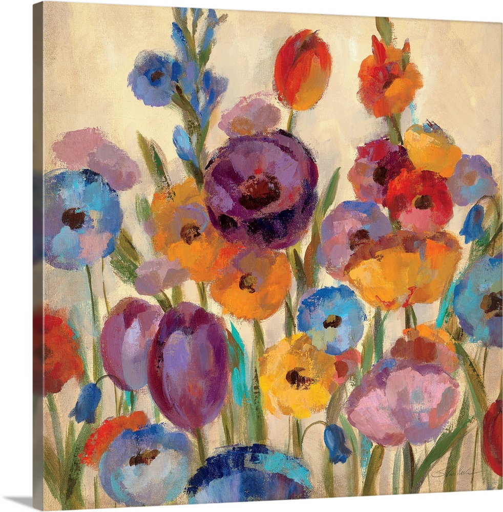 Big contemporary art depicts an arrangement of vividly colored flowers and buds in cool tones as they sit against a bare b...