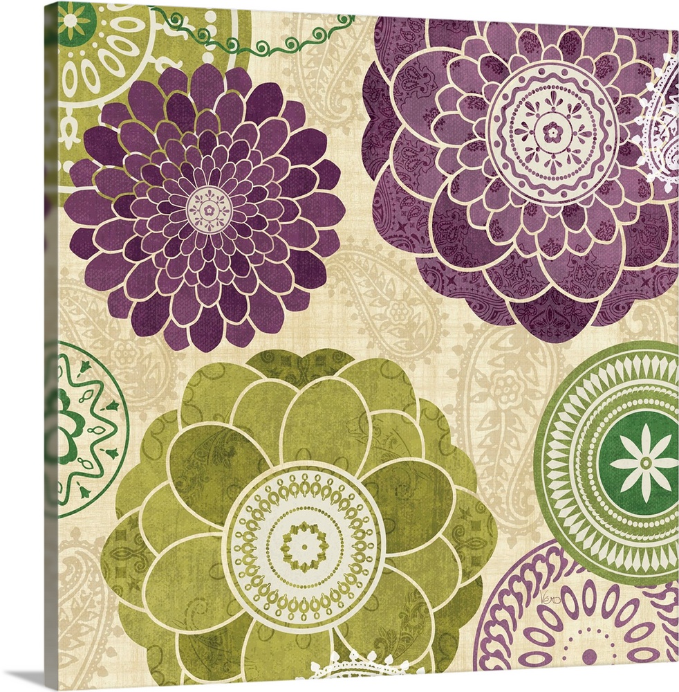 Contemporary artwork of purple and green flowers hovering over a neutral toned patterned background.