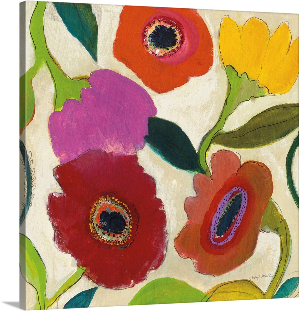 A bright contemporary floral painting featuring large blooms in a very simple, whimsical style