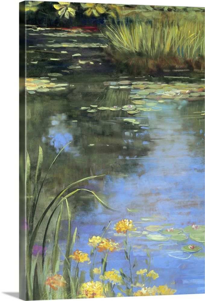 Contemporary docor painting of water lilies and lily pads in a small pond, with the water reflecting the greenery overhead.