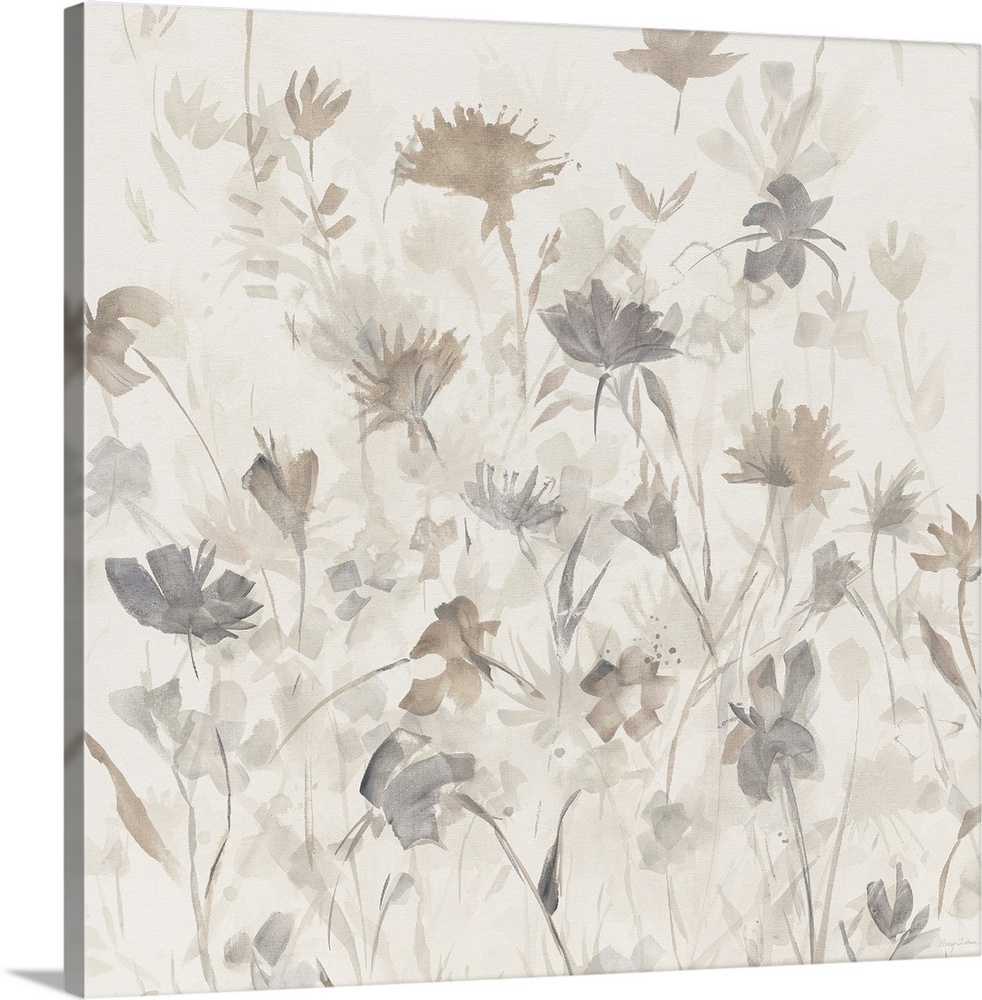 Square abstract watercolor painting of neutral and gray toned flower silhouettes.