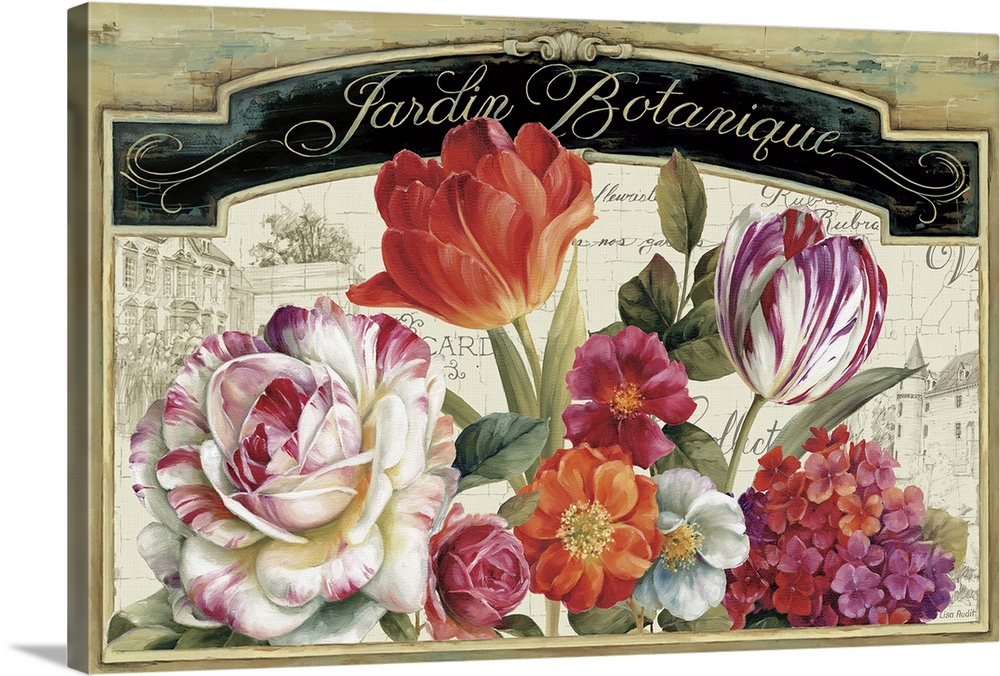 Bouquet of tulips, roses, and other flowers with architectural sketches under a banner that reads Botanical Garden in French.