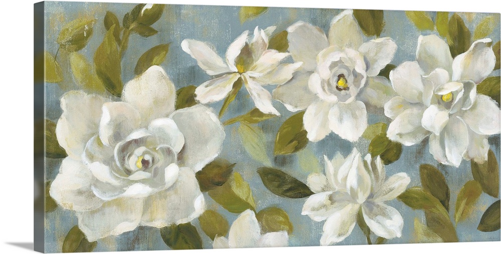 Rectangular contemporary painting of white Gardenias on a slate blue background.