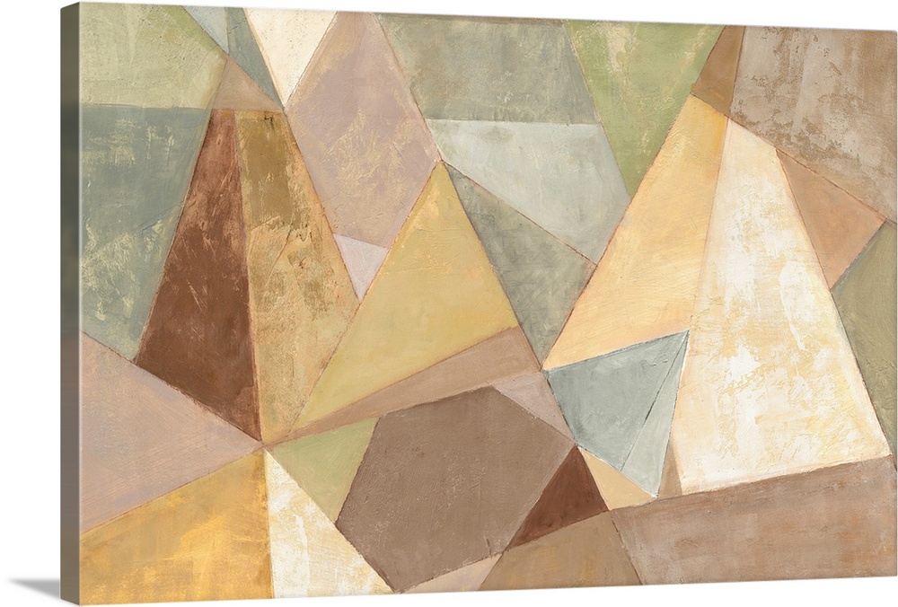 A contemporary abstract painting of prismatic geometric shapes in neutral earthy tones.
