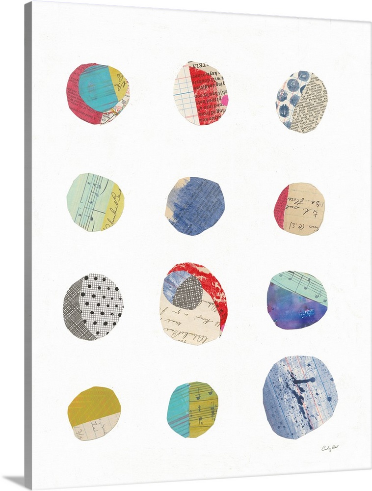 Mixed media abstract art with colorfully cut out circles placed in rows on a white background.