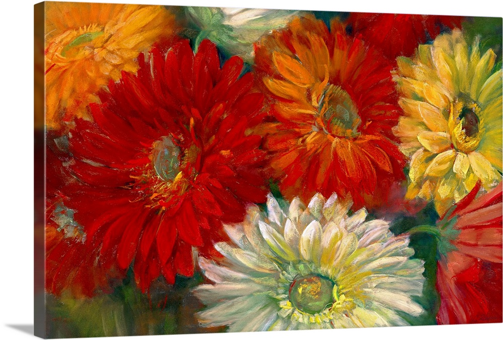 Contemporary  painting of multicolored daisy bunch.