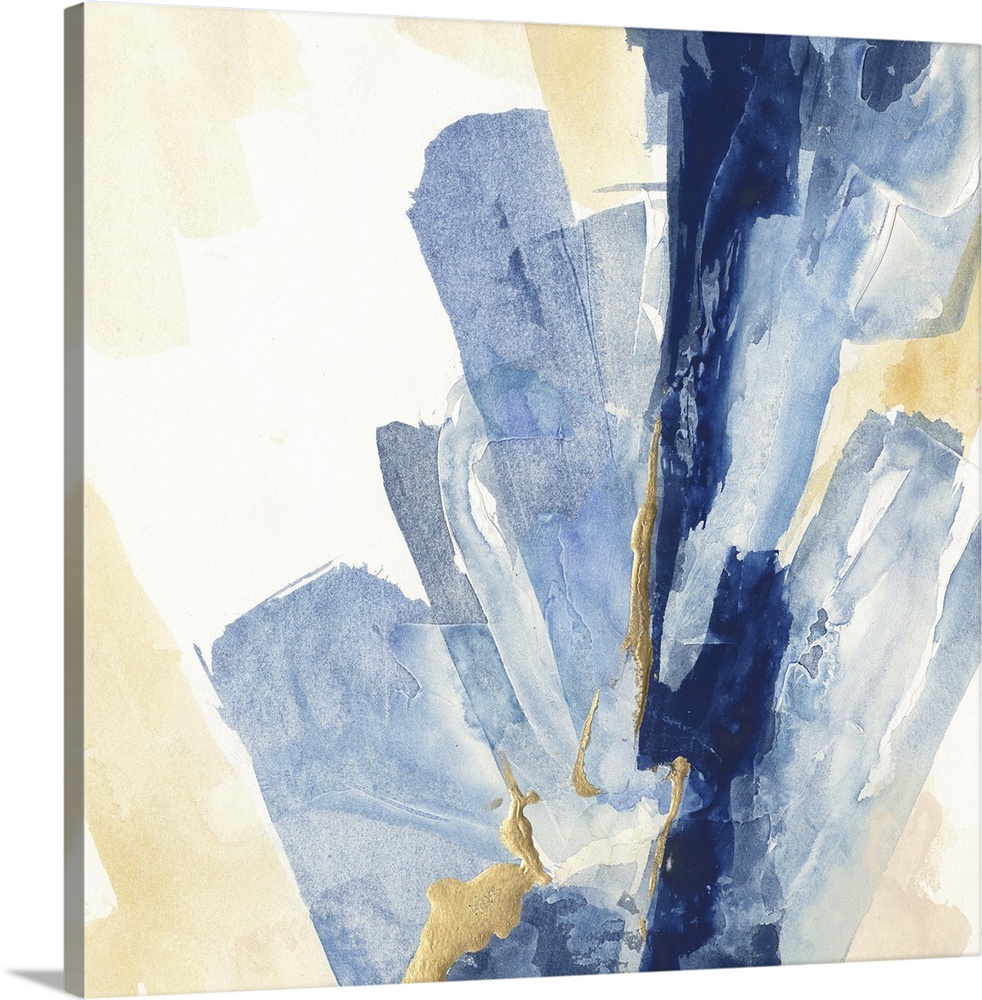 Abstract contemporary painting with broad strokes of blue and gold.