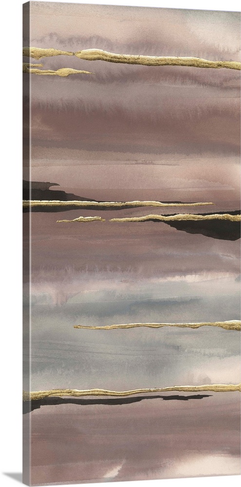 Vertical watercolor painting with pink, purple, and gray fading layers and metallic gold and black horizontal overlays.