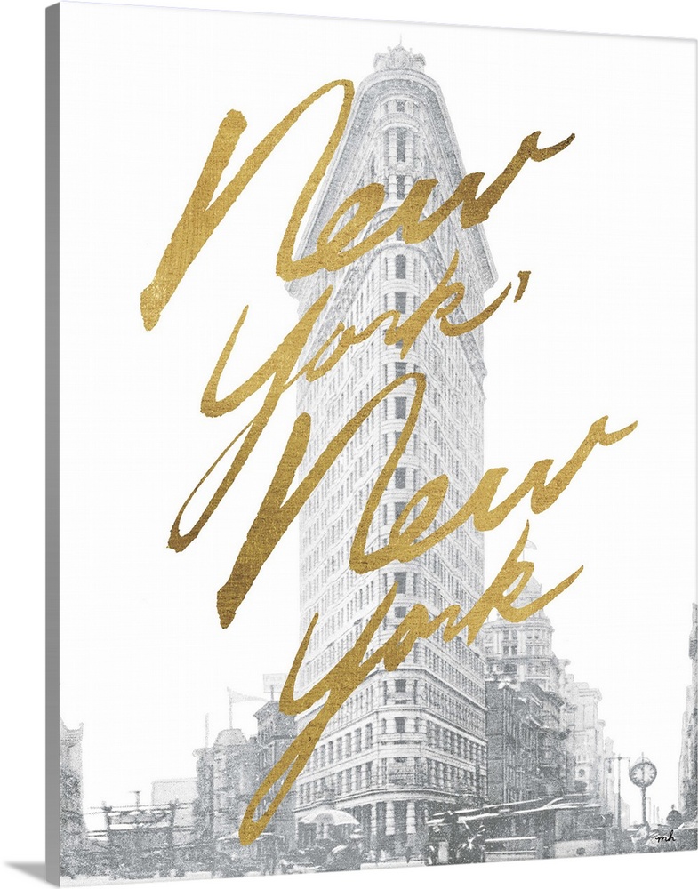 Gold handlettering against a muted black and white photograph of the flat iron building in New York city.
