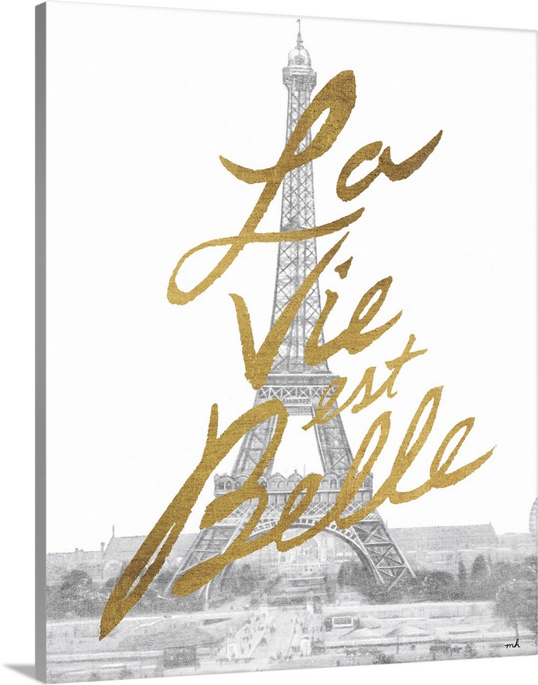 Gold handlettering against a muted black and white photograph of the Eiffel Tower in Paris.