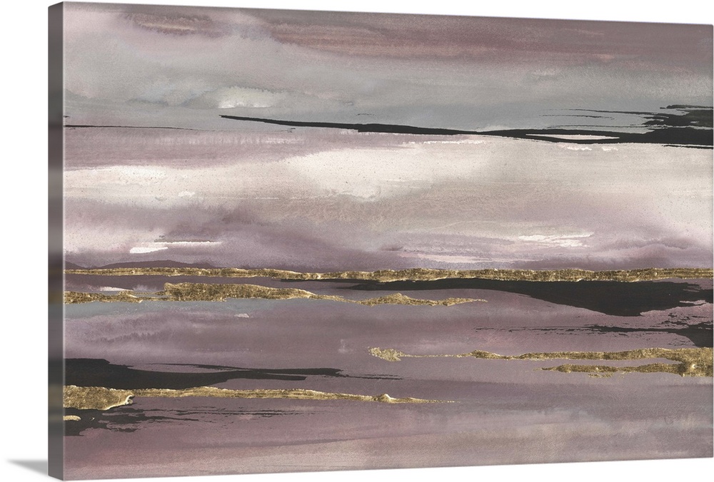 Abstract artwork in purple shades with gold accents, resembling looming stormclouds.