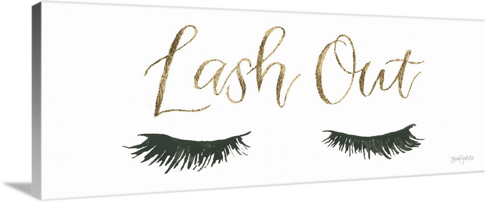 Decorative artwork of a pair of feminine eyelashes and the text "Lash Out" in gold.