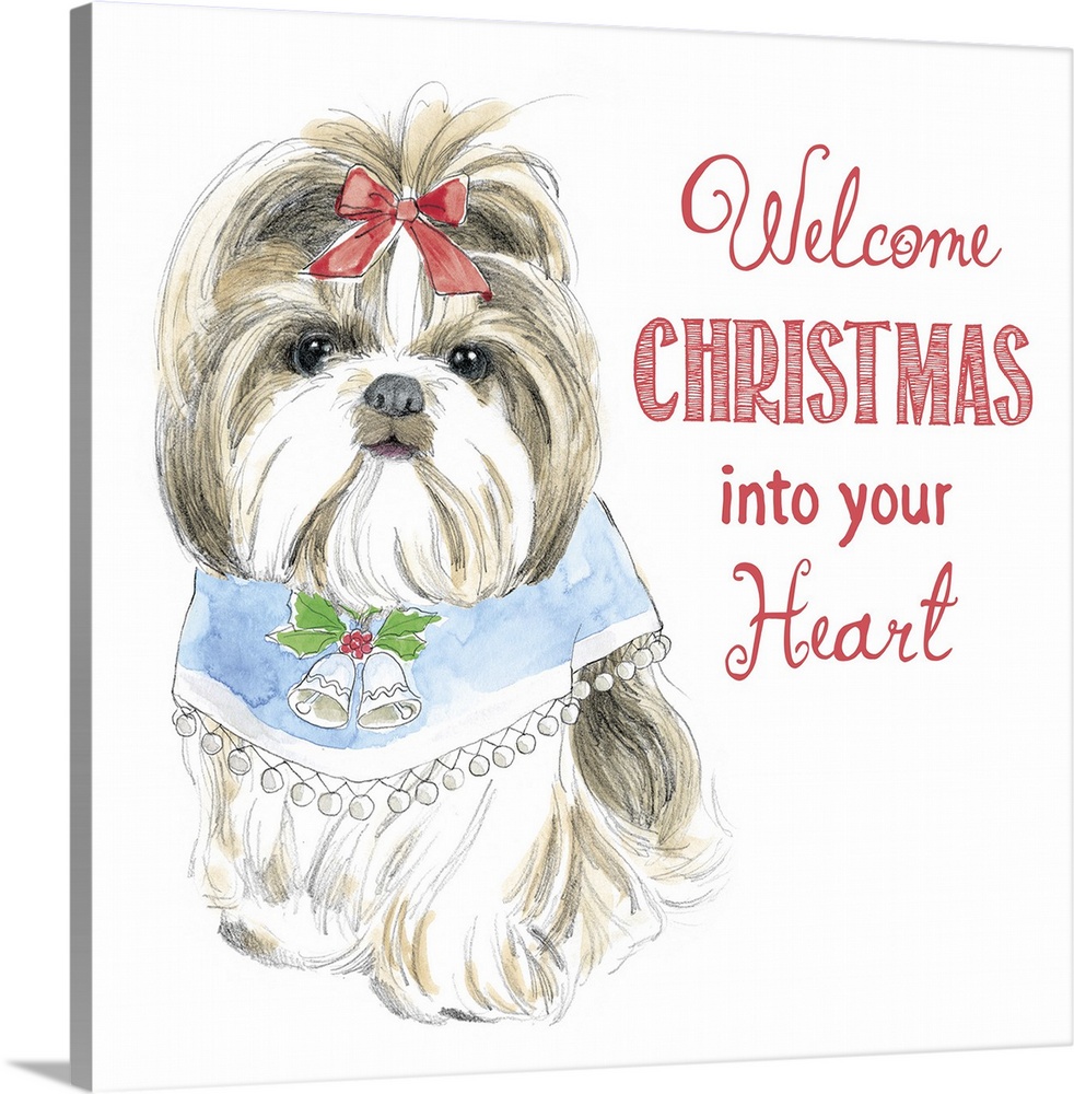 Square watercolor painting of a Shih Tzu wearing a Christmas bib with bells on it and the phrase "Welcome Christmas Into Y...