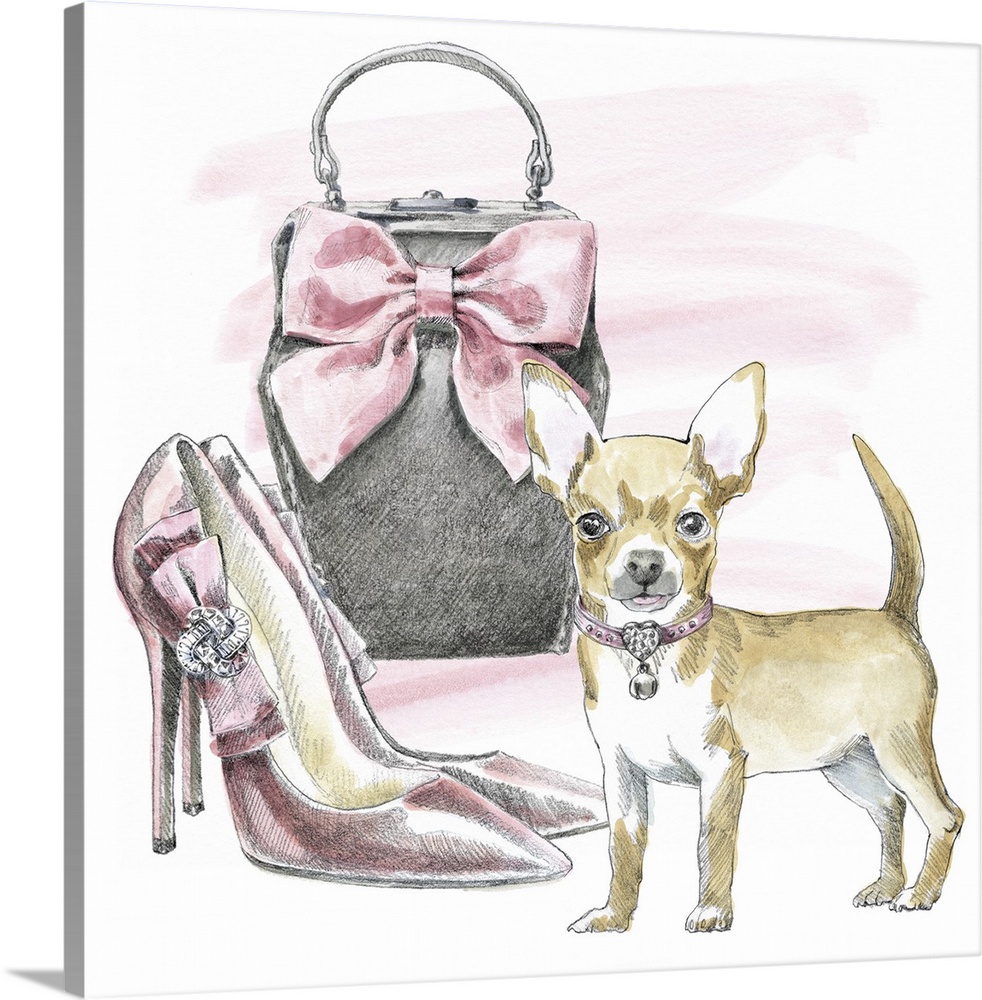 Square watercolor painting of a Chihuahua with a pair of stylish pink high feels and a purse.