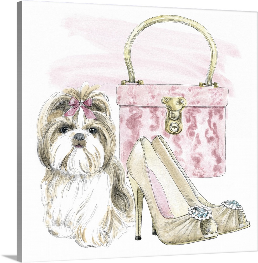 Square watercolor painting of a Shih Tzu with a pair of tan high heels and a pink purse.