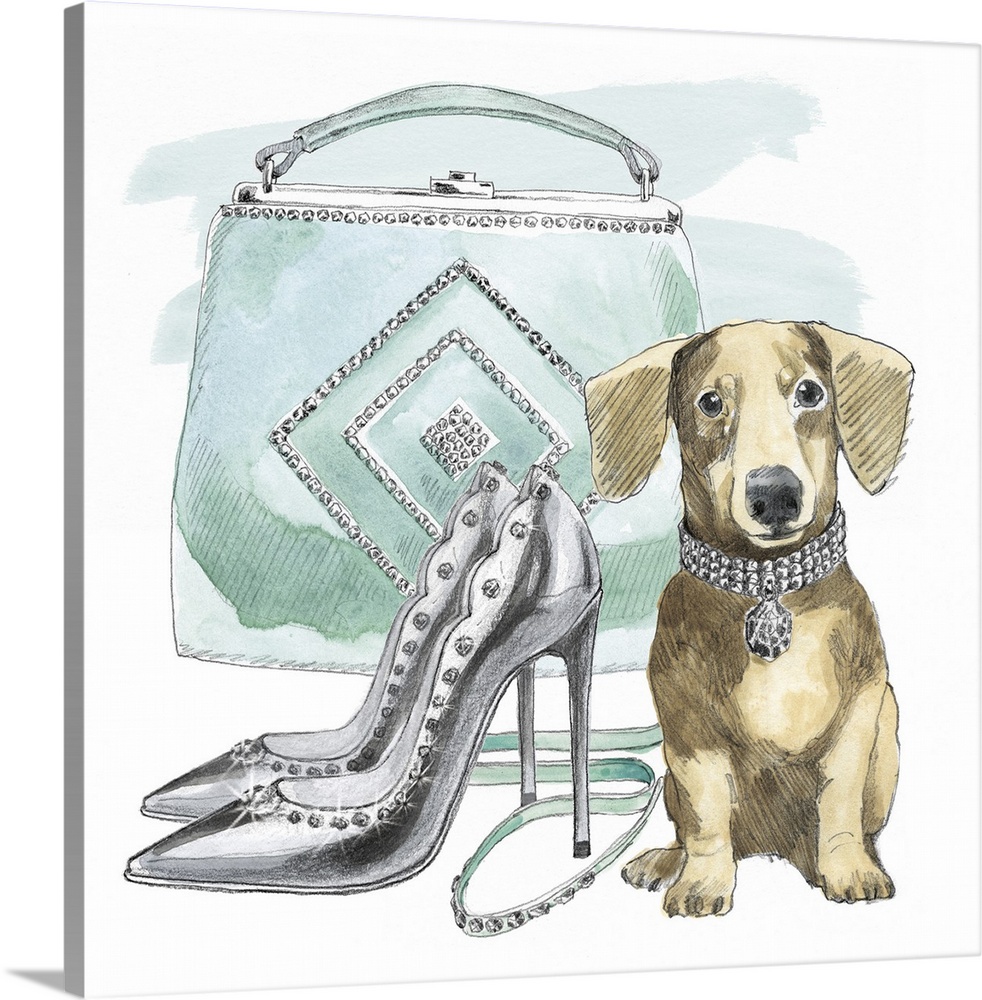 A square watercolor painting of a Dachshund with a pair of black high heels and a blue-green purse.