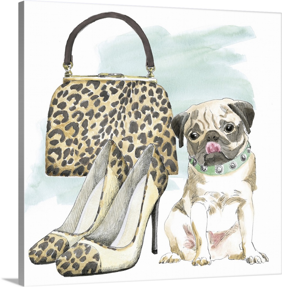 A square watercolor painting of a Pug with a pair of leopard print high heels and a matching purse.