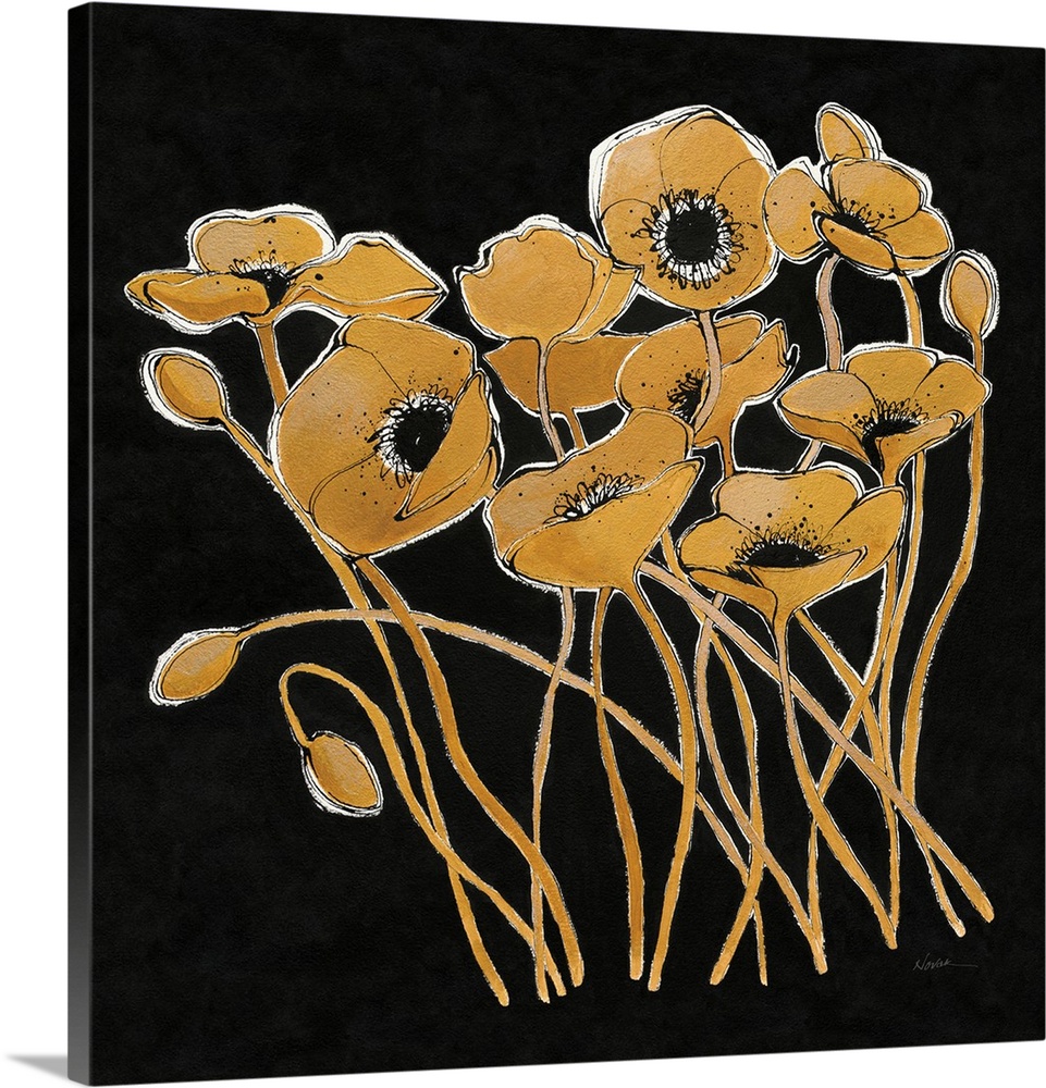 Square painting of metallic gold poppy flowers with black centers on a solid black background.