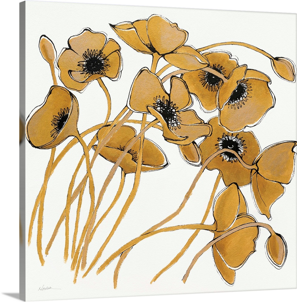 Square painting of metallic gold poppy flowers with black centers on a solid white background.