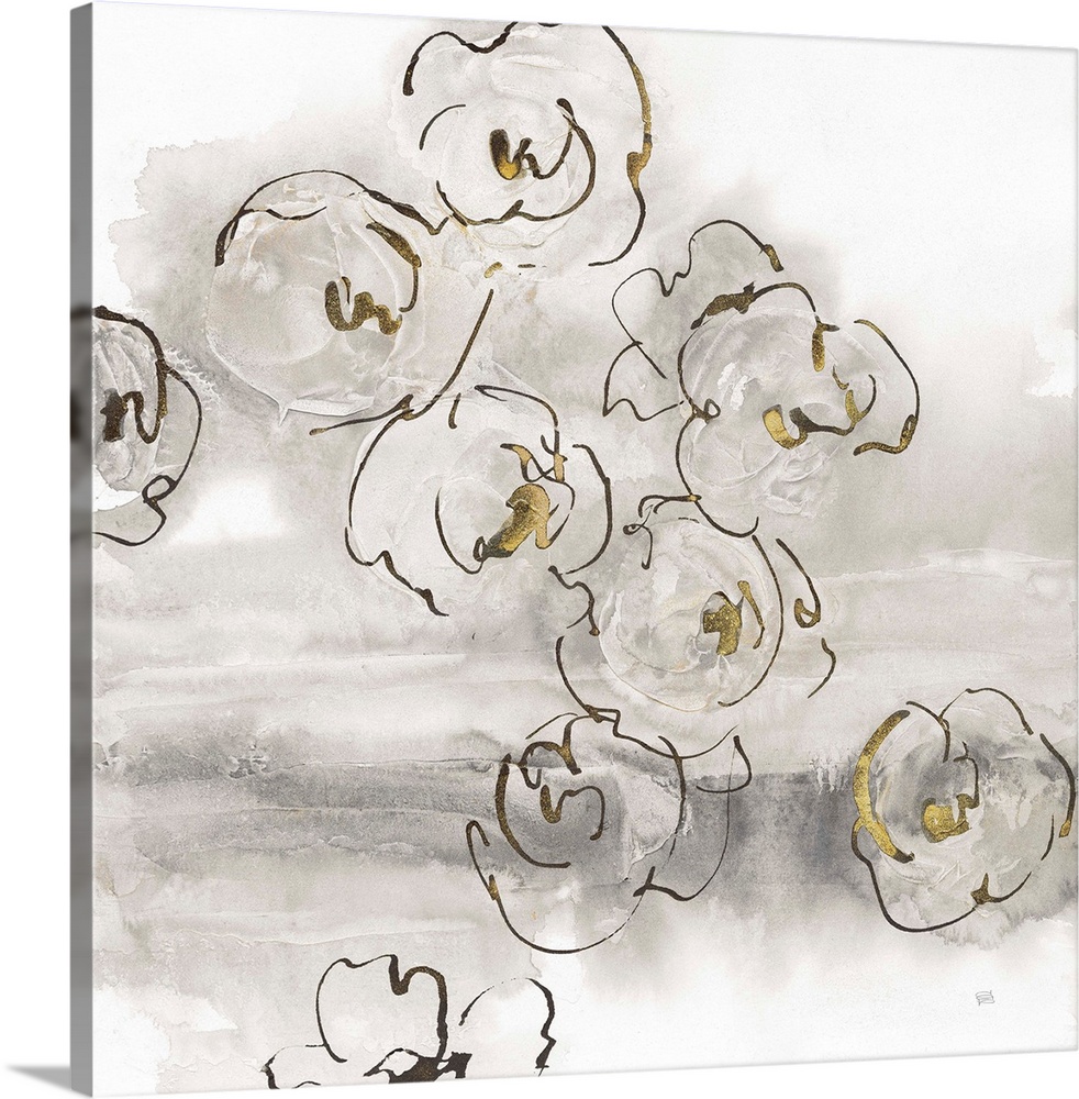 A square contemporary design of outlines of flowers with gold accents against a grey water-colored backdrop.