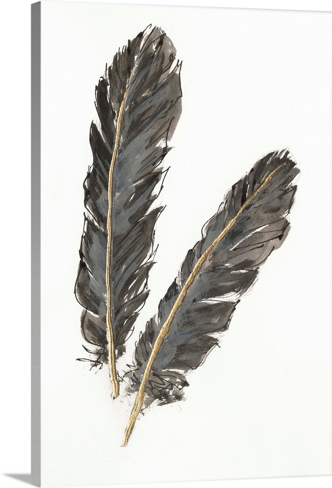 Painting of two black feathers with gold in the center.