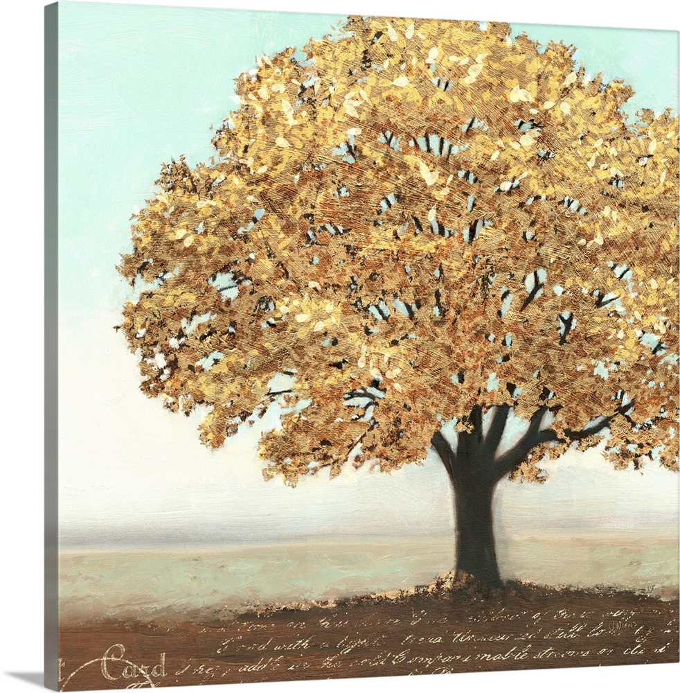 Contemporary artwork of a gold leaved tree with script below it.