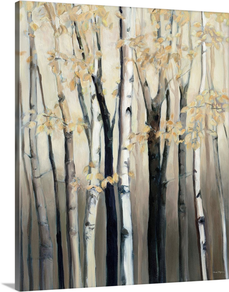 Contemporary artwork of a forest of birch trees with yellow leaves.