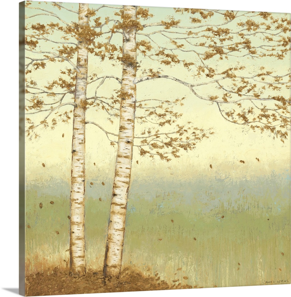 Serene painting of two trees with long, leafy branches at the edge of a valley in pastel shades.