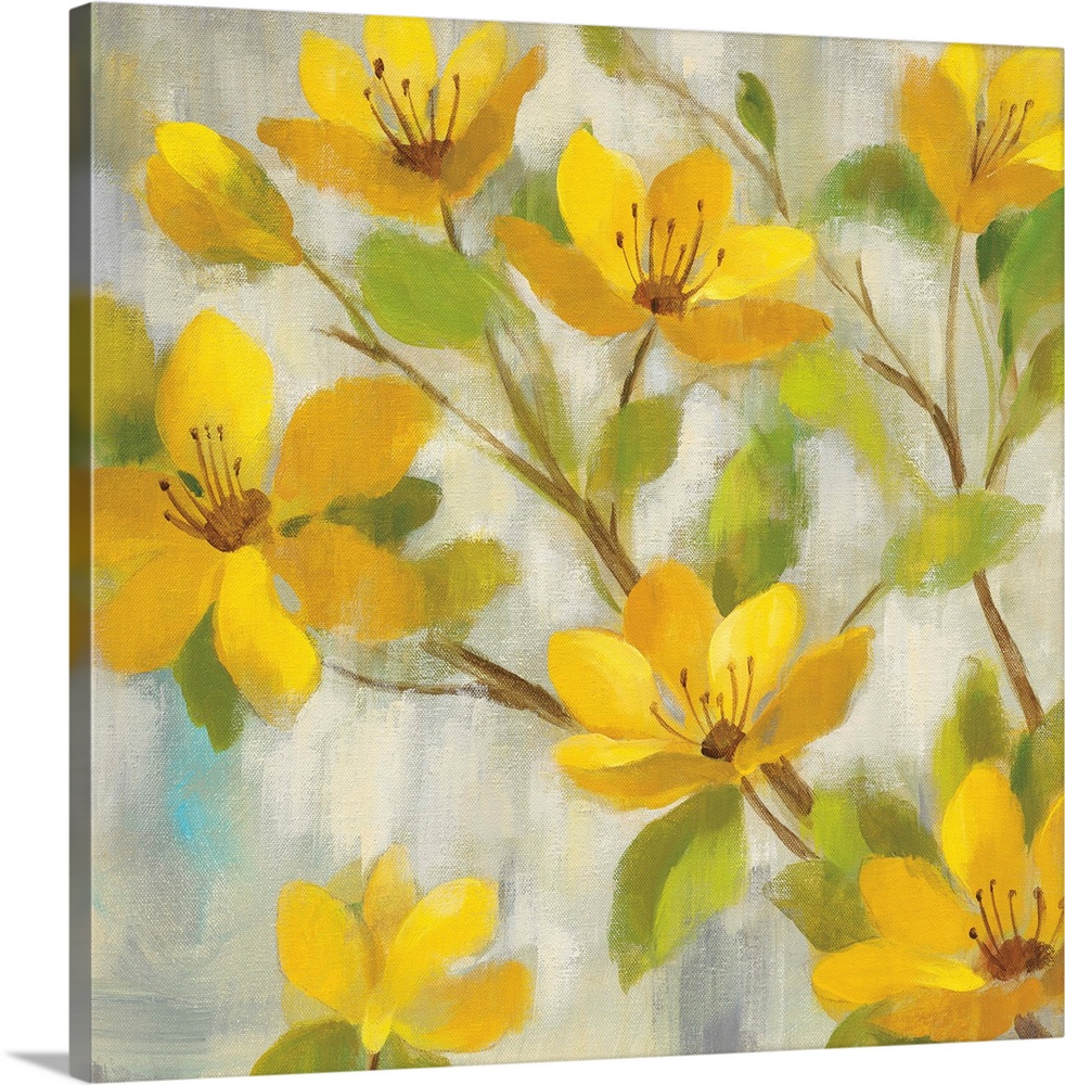 Contemporary painting of yellow flowers against a muted gray background.