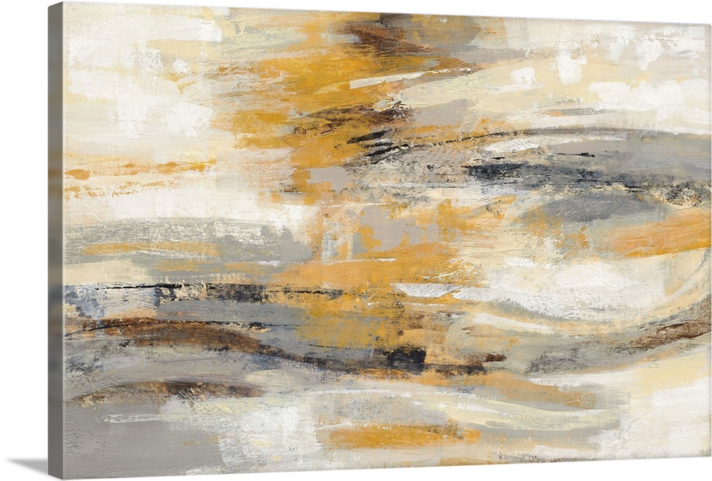 Abstract painting in shades of yellow and grey.