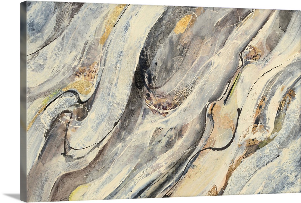 Contemporary abstract painting with cream, brown, gold, and gray brushstrokes flowing diagonally across the canvas.