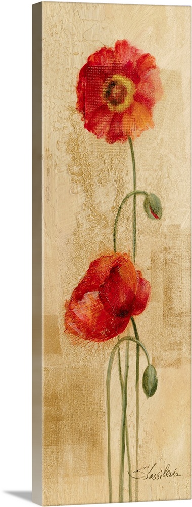 Big, vertical home art docor of two fully bloomed poppy flowers, standing upright on thin stems, next to two dropping buds...