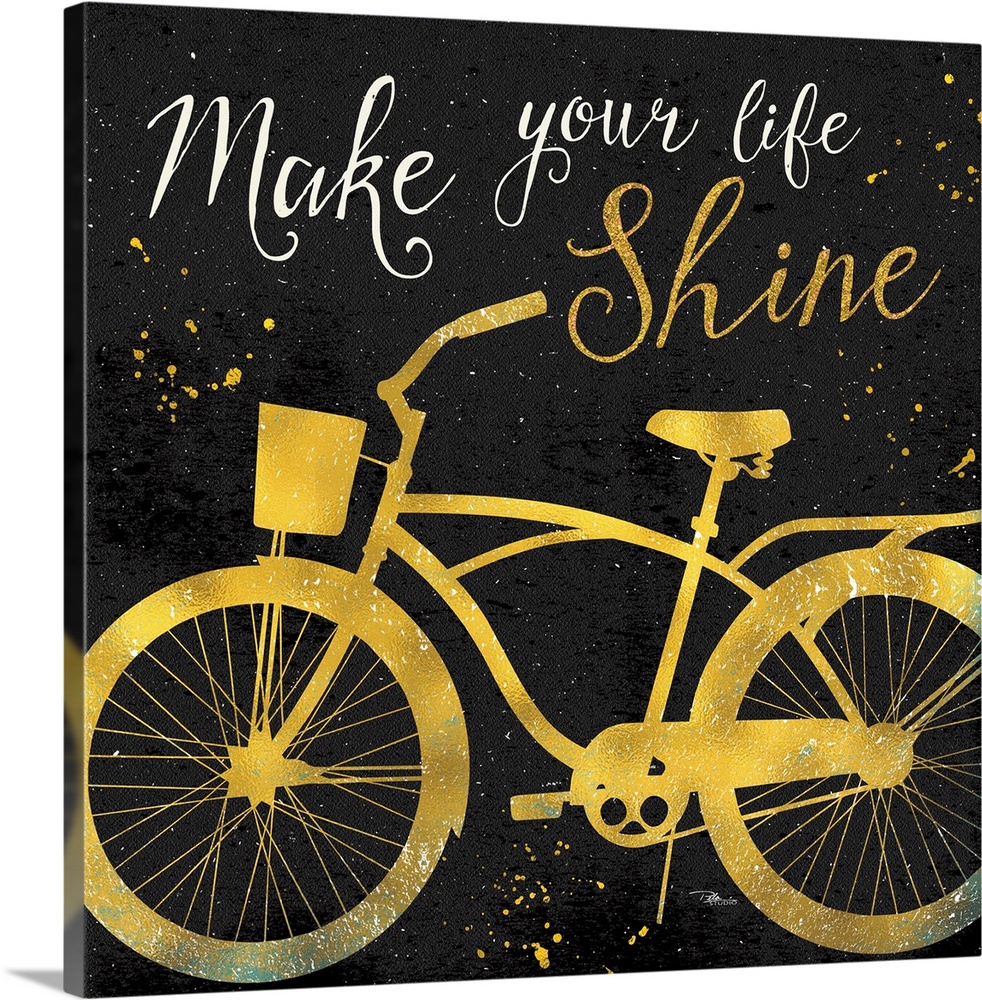 Silhouette of a bicycle in gold with "Make your life shine" above it.